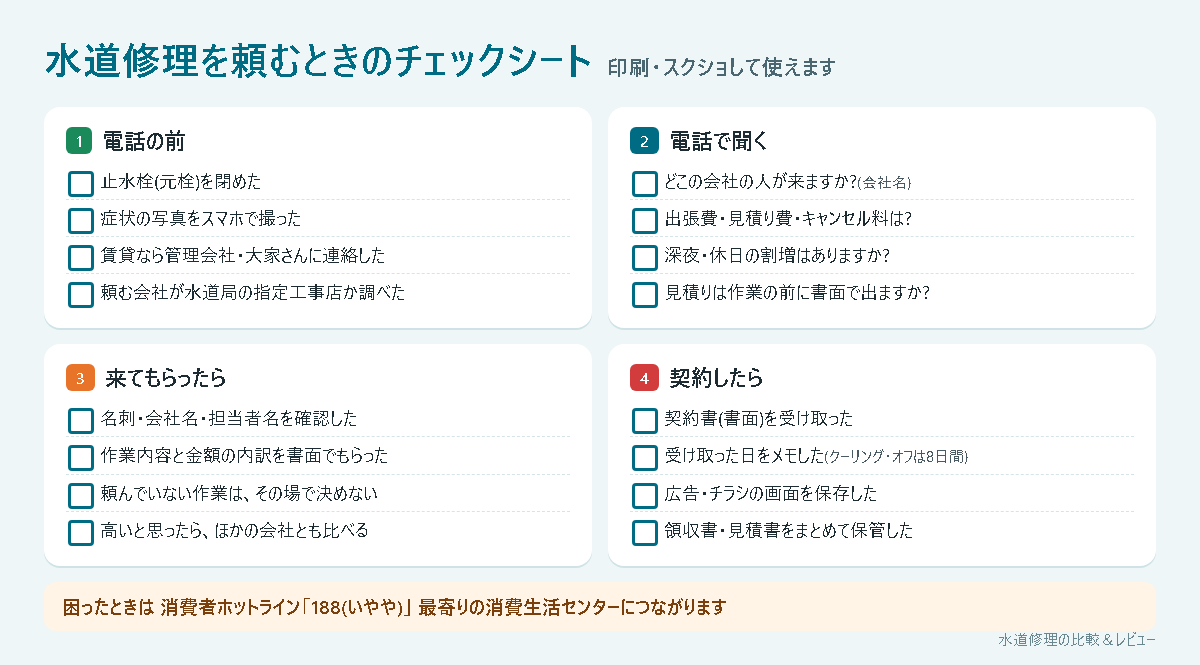 水道修理を頼むときのチェックシート(電話の前・電話で聞く・来てもらったら・契約したら)