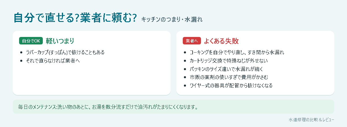 キッチンのつまり・水漏れで自分で直せることと、よくある失敗